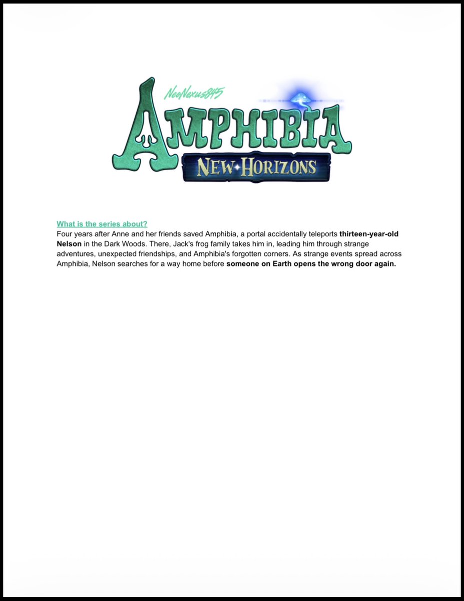 neonexus845's tweet photo. The Amphibia: New Horizons Series Bible is here! 📖🐸 Get a closer look at the characters, their backgrounds, personalities, and more from the AU!
#Amphibia #AmphibiaNewHorizons #GraphicNovel #AmphibiaAU https://t.co/Y8r2pLuVUc