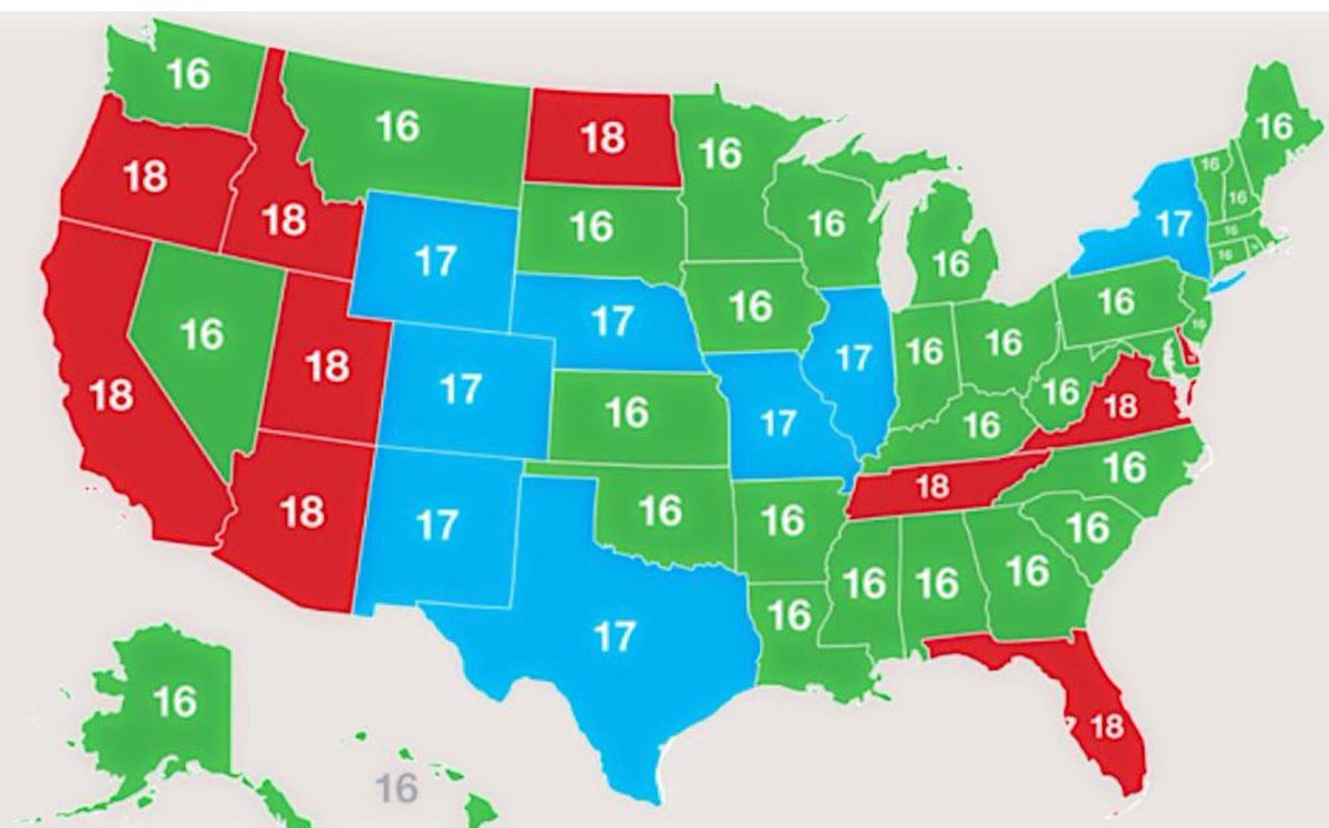 XootOSRS's tweet photo. While I agree the AOC should be 18 in every state, here is a map of the United States with the ages of consent https://t.co/airdWvcFL4