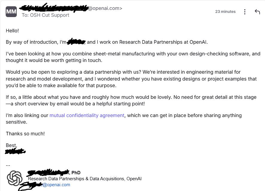 OSHBuilt's tweet photo. Very interesting email from OpenAI. 

- Yes, we have lots of data. 
- No, we won't share. We keep all customer information private. https://t.co/qY0S3T0rqo