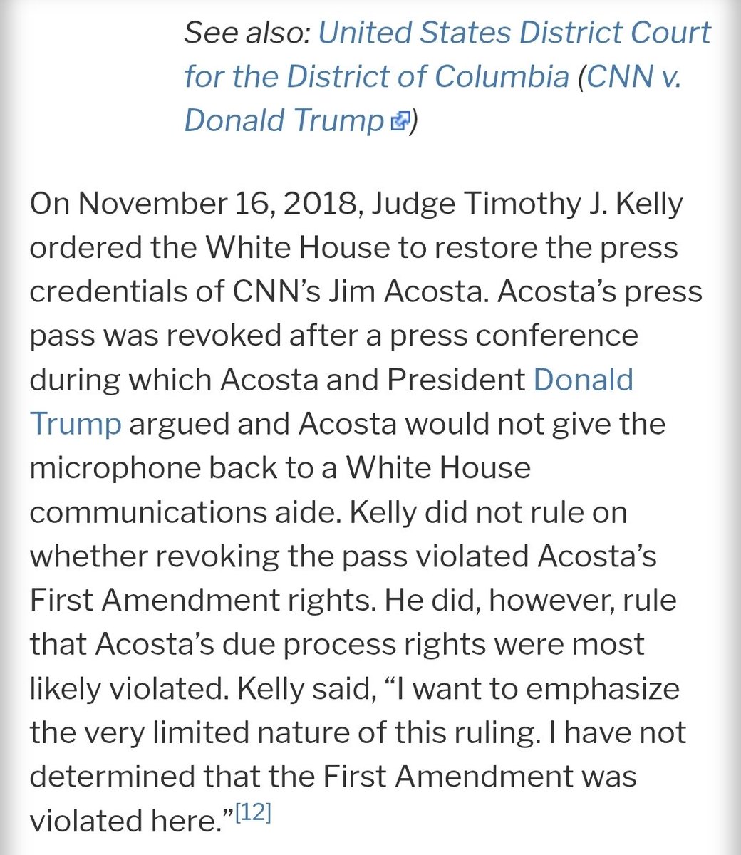 DecosteM's tweet photo. @deanmadore @Pat77432407 Oui et c'est le juge Timothy J.Kelly (Trump) qui a la cause en main (il avait ordonné à la Maison Blanche de rétablir les accréditations de presse de Jim Acosta de CNN)il n'a pas jugée sur la révocation du laissez-passer violait les droits du premier amendement d'Acosta. NCSWIC. https://t.co/p9sbdtqr88