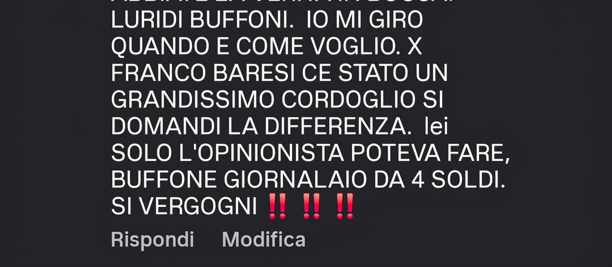 Alby70500's tweet photo. @Sabatini @YouTube sabatini SI VERGOGNI lei, GLIELO SCRIVO SUL suo bel profilo, IO HO TUTTO IL DIRITTO DI GIRARMI XKE' NN HO COMMESSO NESSUN REATO CRIMINALE.  IL Sig. Sandro Mazzola NN È  STATO NE INSULTATO NE FISCHIATO. SI DOMANFI LA DIFFERENZA CON IL SIG.  FRANCO BARESI.  lei È SOLO UN GRAN 🤡‼️ https://t.co/MyoiOdb98l