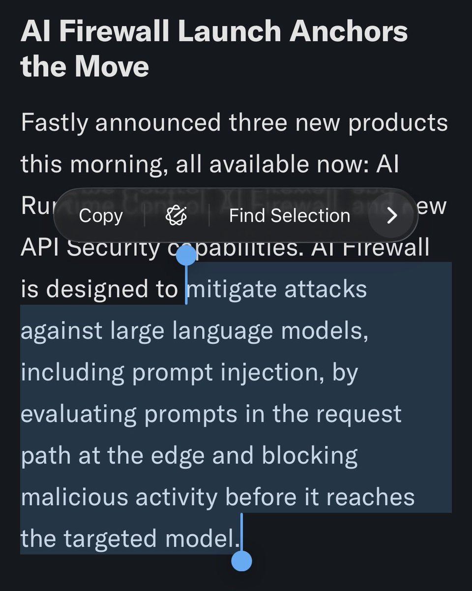 thoughttheory's tweet photo. So Fastly is going to read SSL requests? How does this even make sense?

‘mitigate attacks against large language models, including prompt injection, by evaluating prompts in the request path at the edge and blocking malicious activity before it reaches the targeted model.’ https://t.co/nA0C0eQuME