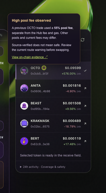 TheHub_Ter's tweet photo. To protect the users and bring awareness to outlier token's characteristics, things like high trading taxes will be marked and highlighted next to the respective token. 

gHub 🟪 https://t.co/NZ8dlnJknk