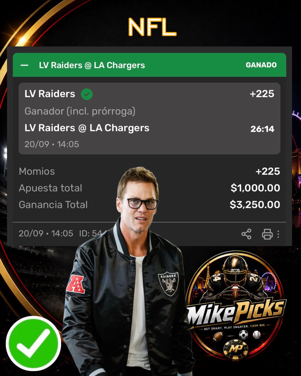 MikePicksNFL's tweet photo. Ganó el equipo del patrón Tom Brady, ganaron los Raiders y Ganamos también ✅✅✅✅ sin tomar puntos en Money Line y nos vamos a cajas 
.
.
.
#NFL #Raiders #Chargers https://t.co/pC0eGhs9im