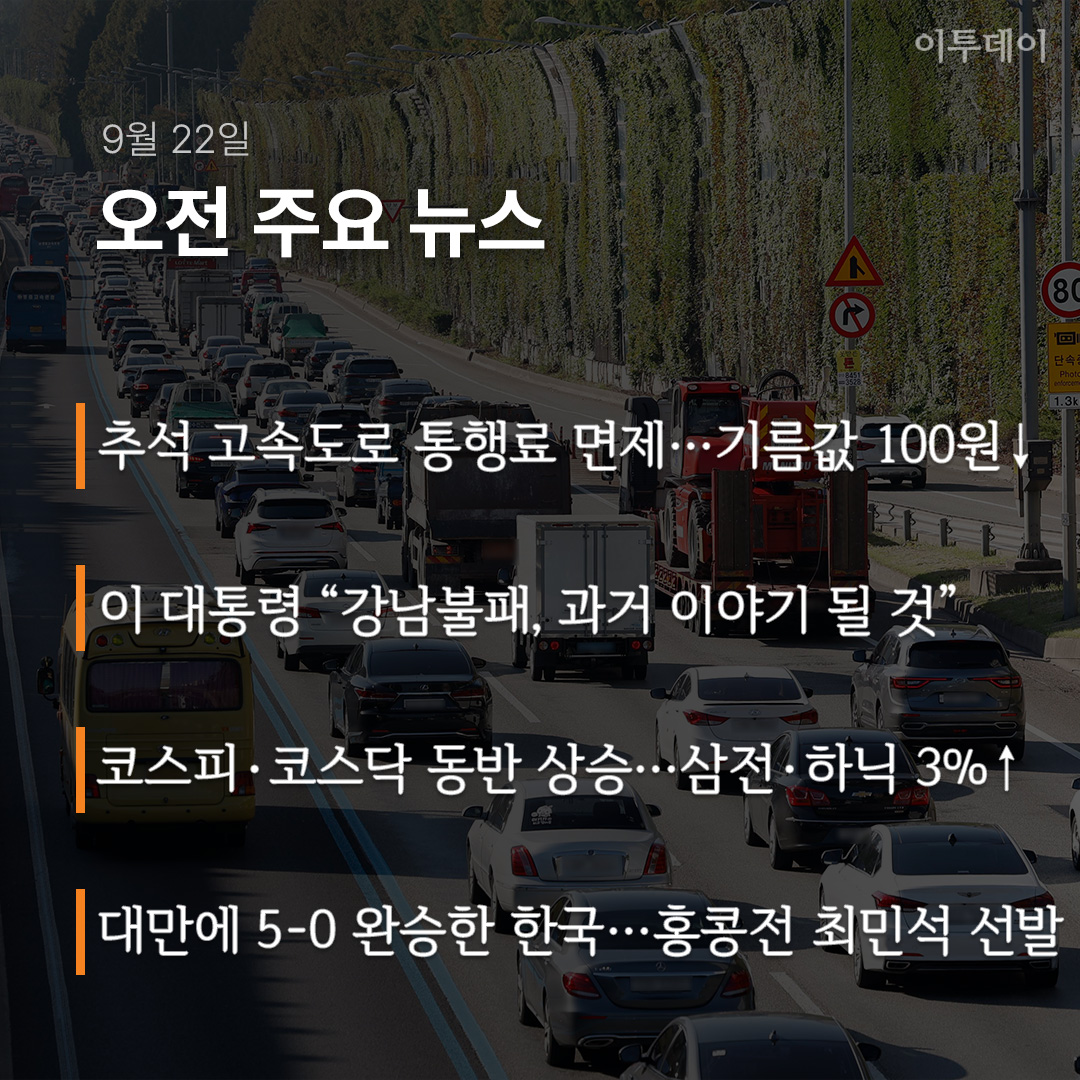 etodaynews's tweet photo. [#오전_주요_뉴스 9월 22일]

✅ 추석 고속도로 통행료 면제…기름값 100원↓
https://t.co/fIBZqD9l6i

✅ 이 대통령 “강남불패, 과거 이야기 될 것”
https://t.co/ZdMqMVBHwK

✅ 코스피·코스닥 동반 상승…삼전·하이닉스 3%↑
https://t.co/KoASKq3fPo

✅ 대만에 5-0 완승한 한국…홍콩전 최민석 선발
https://t.co/IdnL3ymgQY