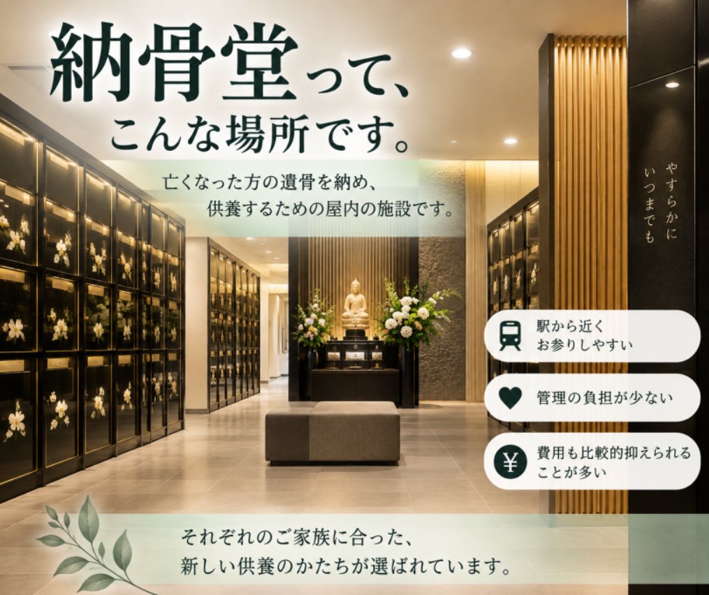 ce07qy's tweet photo. 葬儀社の人間が、こんなこと言っていいのかわかりませんが……

お墓を建てる文化は、これから少しずつ変わっていくのかもしれま��ん。

実際、現場にいると、
 納骨堂や樹木葬などを選ばれる方が増えてきたと感じます。
「納骨堂って何？」という方もいるかもしれません。

簡単に言うと、
 亡くなった方の遺骨を納め、供養するための施設です。

従来のお墓のように墓石を建てるのではなく、屋内の専用スペースなどに遺骨を納めます。
「子どもに墓守の負担をかけたくない」
「遠方のお墓まで通うのが難しい」
「管理しやすいところがいい」

理由はそれぞれですが、
利便性や管理のしやすさ、費用などを考えると、納骨堂を選ぶことにも納得でき���す。

もちろん、昔ながらのお墓を大切に守っていくことも素敵なことです。
ただ、これからは、
「お墓を建てるのが当たり前」から
「自分たちに合った供養の形を選ぶ」へ。

そんな時代になっていくのかもしれません。
葬儀の形が変わってきたように、
 お墓の形も、これから変わっていく。

現場にいると、そんな変化を感じています。