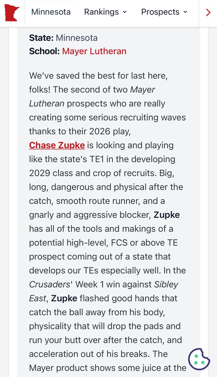 ChaseZupke's tweet photo. Thank you @OJW_Scouting and @PrepRedzoneMN for the write up! I am truly blessed and grateful for the opportunity. Excited to keep working and improving! https://t.co/JHF3WYgix7