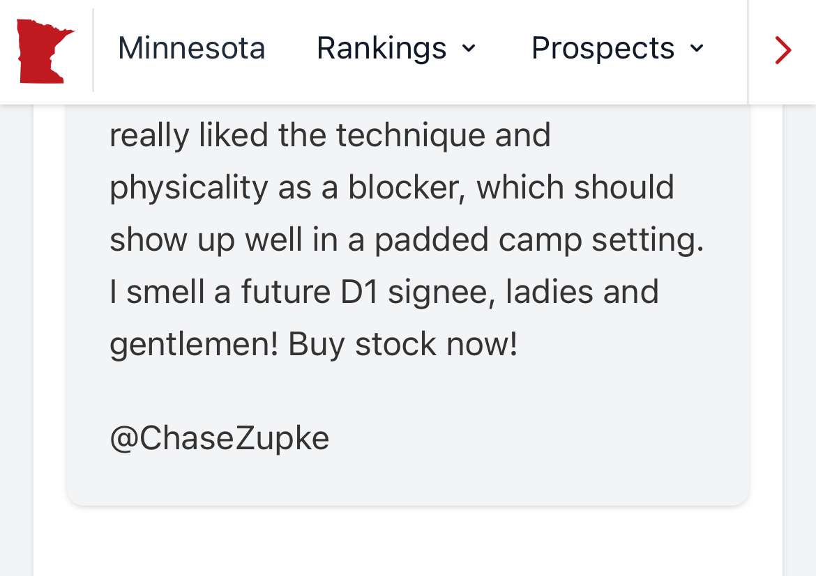 ChaseZupke's tweet photo. Thank you @OJW_Scouting and @PrepRedzoneMN for the write up! I am truly blessed and grateful for the opportunity. Excited to keep working and improving! https://t.co/JHF3WYgix7