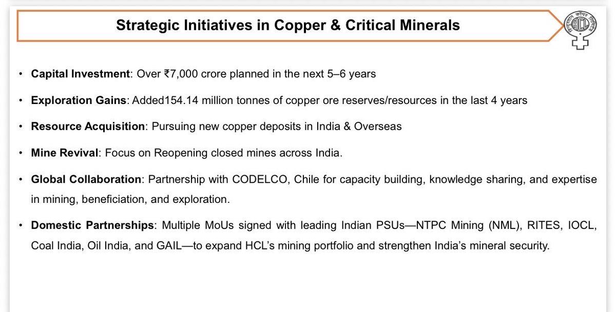 sabarisec's tweet photo. Hindustan Copper: India’s Copper Giant is preparing for a massive scale up!! ✅

#hindustancopper #sabarisec 

This is not merely a copper-price story. Look at HCL’s roadmap:

🔸 Access to ~45% of India’s copper ore reserves & resources
🔸 785.99 MT resource/reserve base
🔸 ₹7,000+ Cr investment planned over 5–6 years
🔸 154.14 MT of resources/reserves added through exploration in just 4 years
🔸 New copper deposits being pursued in India & overseas
🔸 Closed mines targeted for revival
🔸 Strategic collaboration with Chile’s CODELCO
🔸 Partnerships with leading Indian PSUs

And the BIGGEST trigger 👇

Ore production roadmap:

FY26: 3.67 MT
FY27: 4.71 MT
FY28: 5.18 MT
FY29: 5.90 MT
FY30: 12.20 MT 🚀

That is a targeted ~3.3X increase in ore production from FY26 to FY30.

As India enters an era of massive electrification—power grids, renewables, EVs, railways, electronics and data centres—COPPER increasingly becomes a strategic resource.

Hindustan Copper is positioning itself at the centre of that transformation.

Scarce resource + Massive capacity expansion + Exploration + Strategic importance = A business worth closely tracking through FY30. 👍

The opportunity is significant, but execution of the mining expansion and copper-price cycles remain the key variables to watch.