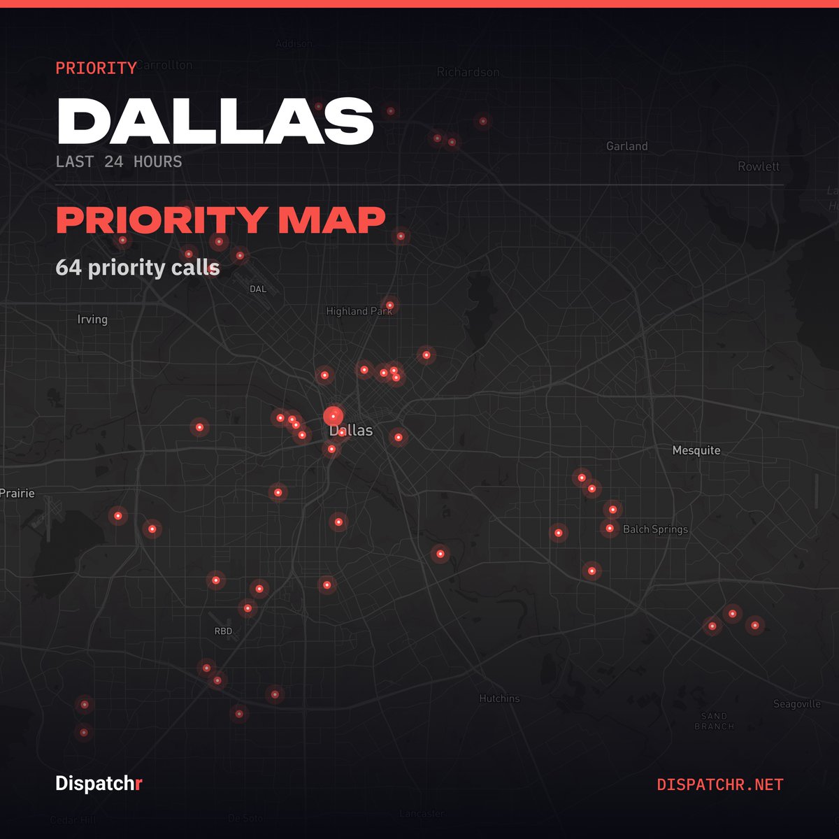 DispatchrDallas's tweet photo. Dallas · Last 24 hours

64 priority calls mapped across Dallas.

#dallas #dispatchr #publicsafety https://t.co/QgGHD5Tn9w