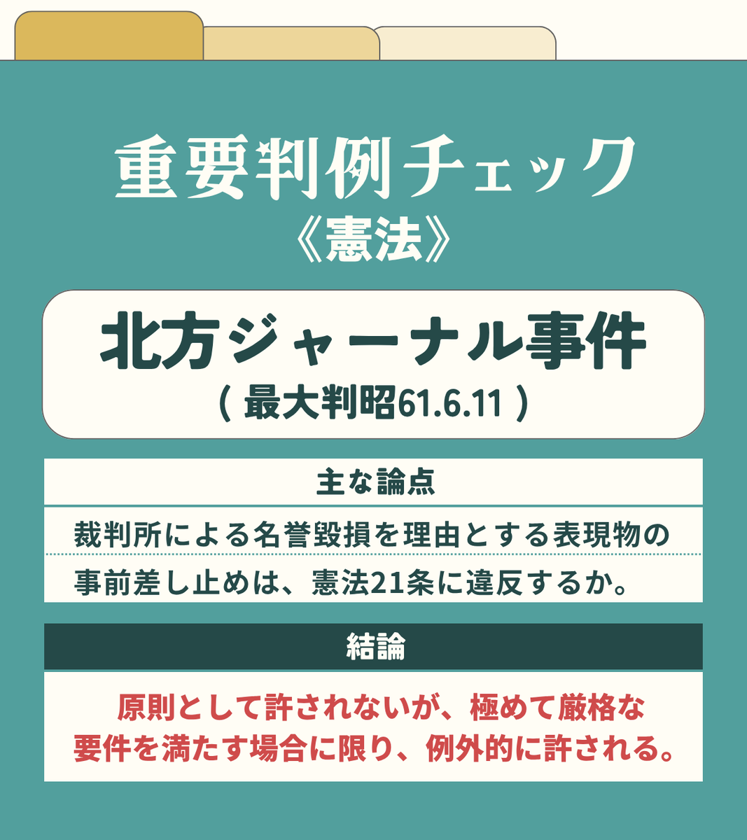 CREAR_GYOUSEI's tweet photo. ／
1分で！重要判例チェック🌟
＼

行政書士試験で最優先の【重要度A】判例を
サクッと確認！

今回は
**北方ジャーナル事件（最大判昭61.6.11）

論点・結論・理由をセットで押さえましょう👍

▼判例対策を含めた模試パックをご案内中！
https://t.co/sQaqhh9C8c

#クレアール #行政書士 https://t.co/aeJH52cU5C