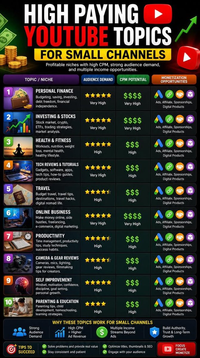 maxpostingx's tweet photo. **Tiny YouTube channels are quietly outearning creators with a million views** 

just by picking these ten high-paying niches. https://t.co/6P5oE9y204