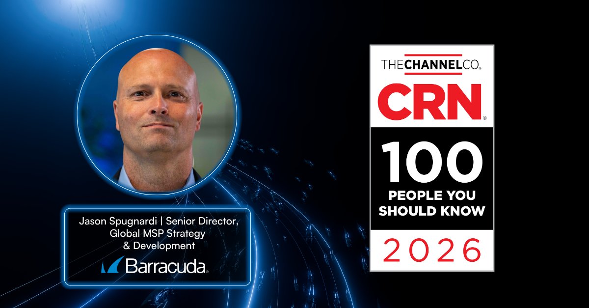 BarracudaMSP's tweet photo. Some of the most important work in the channel happens behind the scenes. We're proud to see Barracuda's Jason Spugnardi recognized on @CRN's 2026 100 People You Don't Know But Should list. https://t.co/arwrmiyqjz

#BarracudaONEplatform #CRN100People #cybersecurity https://t.co/XZ0hZF91d8