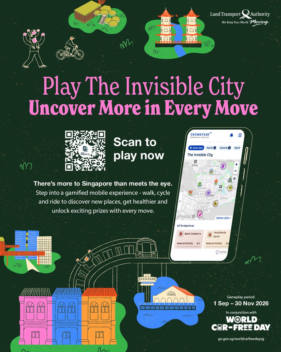 LTAsg's tweet photo. 🌏 It's World Car-Free Day – and what better way to celebrate than exploring Singapore as you #WalkCycleRide!

🏙️ Explore it car-free with "The Invisible City”, a gamified adventure developed in collaboration with @GovTechSG.

👉🏻 More info: https://t.co/IYg49TWFKQ

#wcfdsg https://t.co/Rq6yCt2cnH