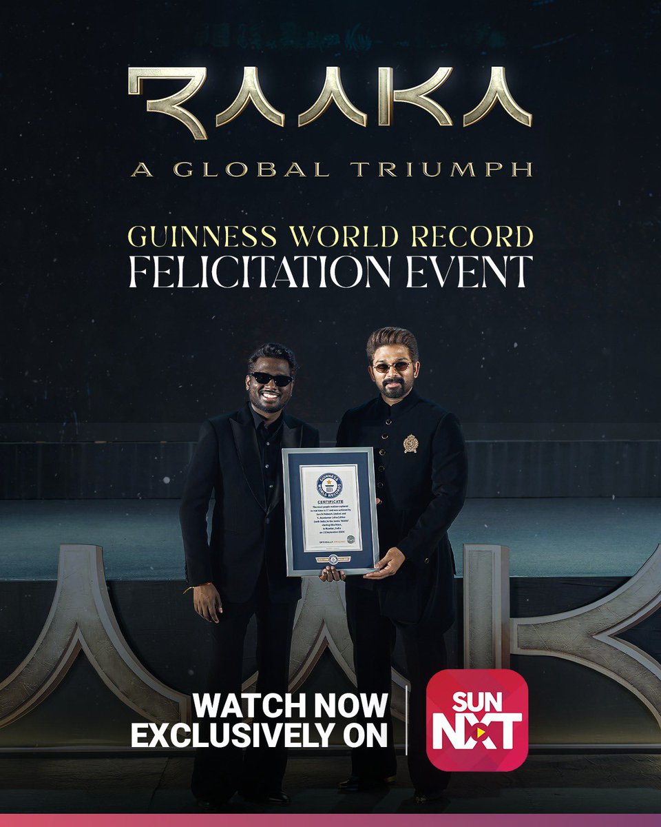sunnxt's tweet photo. 37 performers. One frame. One historic moment. 🌎✨

#Raaka has officially entered the Guinness World Records for the Most People Motion-Captured in Real-Time, with 37 performers captured simultaneously. 

A landmark moment for Indian cinema and a glimpse into the future of filmmaking. 

Watch the Guinness World Record Felicitation Event exclusively on Sun NXT! 

https://t.co/kpUK3ZrXVC

@alluarjun @Atlee_dir @GWR

#AlluArjun #Atlee #GuinnessWorldRecords #RaakaGlobalTriumph GuinnessFelicitationEvent