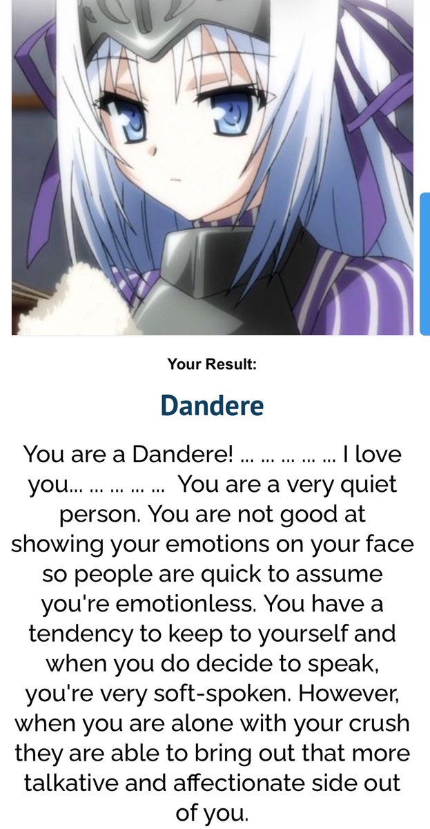 playingwwires's tweet photo. took the dere types quiz again &amp; even tho i don’t rlly have a crush to base my answers off of 4 it i think dandere lines up fairly well,, same thing i got last time anyways https://t.co/Twk1QA0ChY