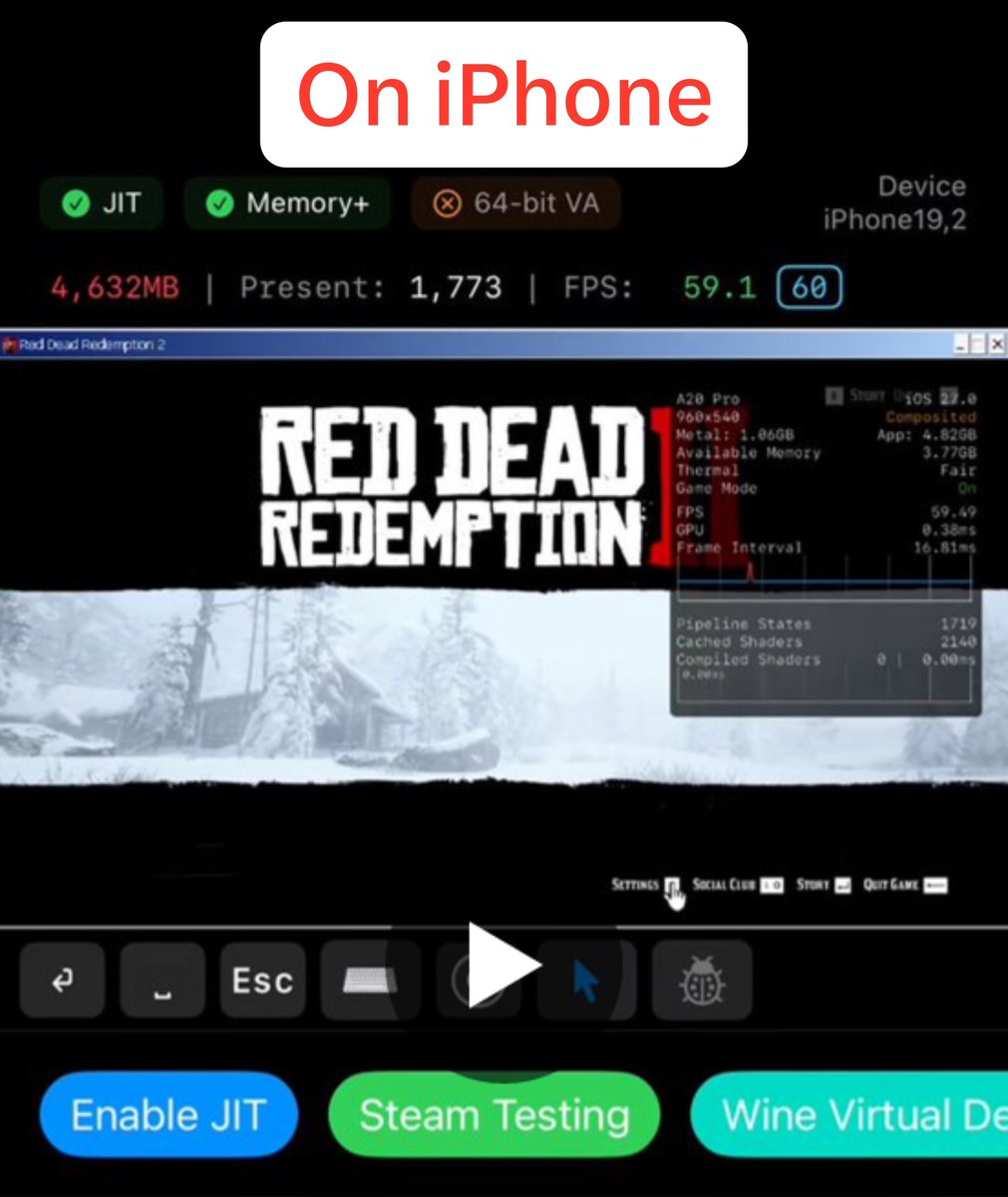 Techjunkie_Aman's tweet photo. This shouldn't be possible.

Red Dead Redemption 2 is now running on an iPhone 18 Pro.

No PC.
No cloud streaming.
Fully on-device.

An experimental Madeira build translates DirectX 12 to Metal using DXMT's airconv for Shader Model 5 conversion.

It's still early, so graphical glitches are expected—but this is a huge step toward AAA Windows gaming on iPhone.

I'll keep posting Madeira updates as they happen.

Or join their discord: https://t.co/ve34lz9Whj

Would you try this on your iPhone?