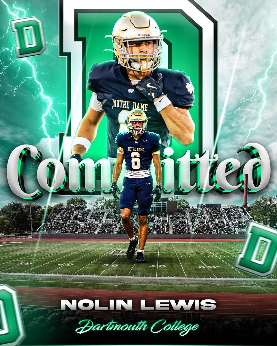NolinLewis's tweet photo. I am so excited and proud to announce my commitment to play division 1 football at Dartmouth College. #GoBigGreen @Coach_McCorkle @CoachMcGuire_ @DartmouthFTBL @EvanYabu @Coach_JRowe @GregBiggins @latsondheimer https://t.co/9dvxGwoTrz