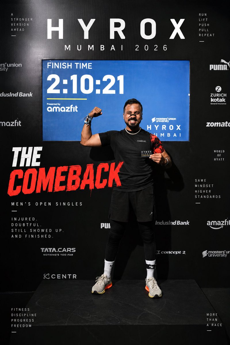 Jaiinvickky's tweet photo. First HYROX. First race. One hell of a comeback.

Accident → missed half marathon → doubts → cramps → finish line.

2:10:21. HYROX Mumbai.

Not the time I wanted. But I showed up and finished. Now we build. https://t.co/bhCcKiCIXq