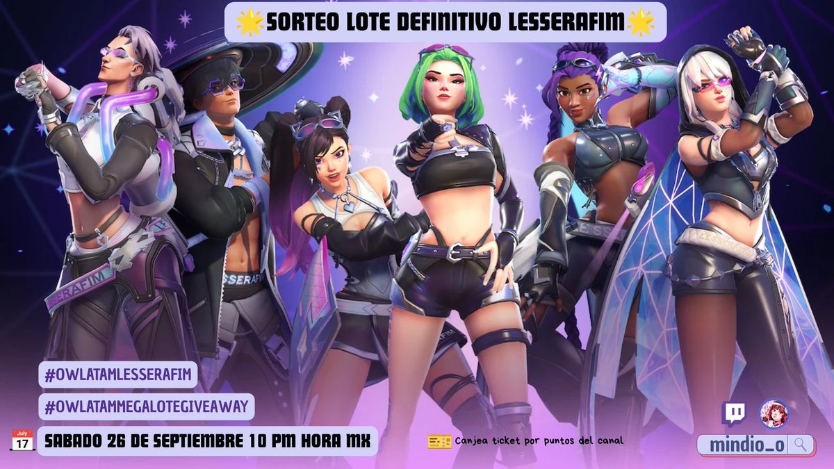 mindi0_o's tweet photo. ✨SORTEO LOTE DEFINITIVO LE SSERAFIM✨
Requisitos:
✨Follow en X y TW
✨Like y RT
✨Comenta cuál fue tu skin Favorita
🎫 Canjea ticket por puntos del canal 
*SUB X2*
Gracias a BLIZZARD y @OverwatchLATAM por hacer posible estos sorteos🥰
#OWLATAMLESSERAFIM #OWLATAMMegaloteGiveaway https://t.co/5cjFHU30e8
