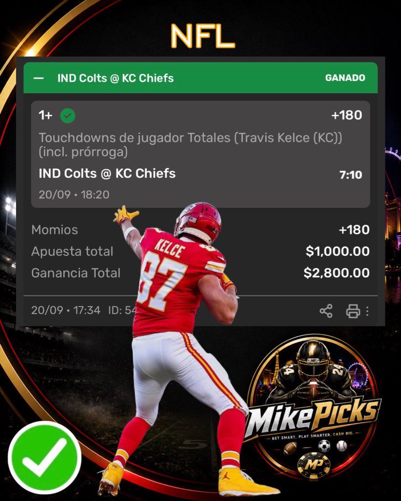 MikePicksNFL's tweet photo. Cobramos con Travis Kelce ✅✅✅✅ anotando su primer Touchdown de la temporada 🏈🔥🏈🔥 y seguimos cobrando con la especialidad de la casa 
.
.
.
#KansasCity #NFL #trabiskelce https://t.co/q5afYC8J34