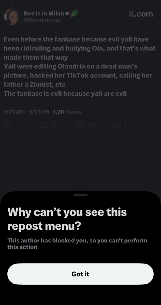 491916555Y's tweet photo. no one justifying hate towards her. the original poster asked a question and I answered and then she blocked me. Noone dislikes ola and nobody thinks she deserves to be trash talked but the reason no one can defend her is because her fans are literally insane like mentally ill!!! https://t.co/NfKUk15ktB
