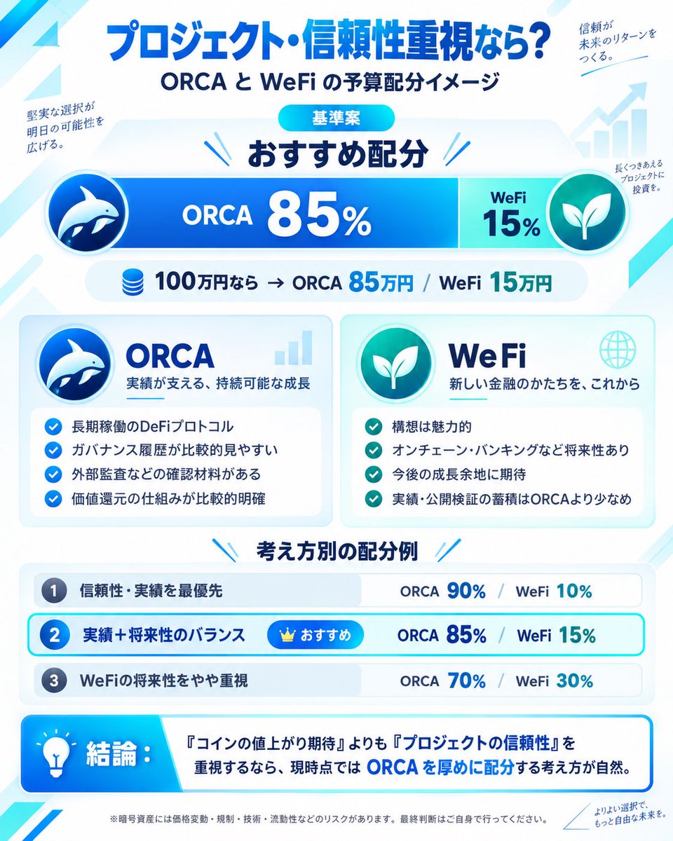 arabtakuya's tweet photo. ChatGPTにORCAとWeFiを「価格ではなく、プロジェクトの信頼性」で比較してもらった結果👇

ORCA 85% / WeFi 15%

まだChatGPTは、WeFiの本当の素晴らしさに気づいてないようです😏

#WeFi #WFI #ORCA #暗号資産 #仮想通貨 https://t.co/WEHvKBFZeu