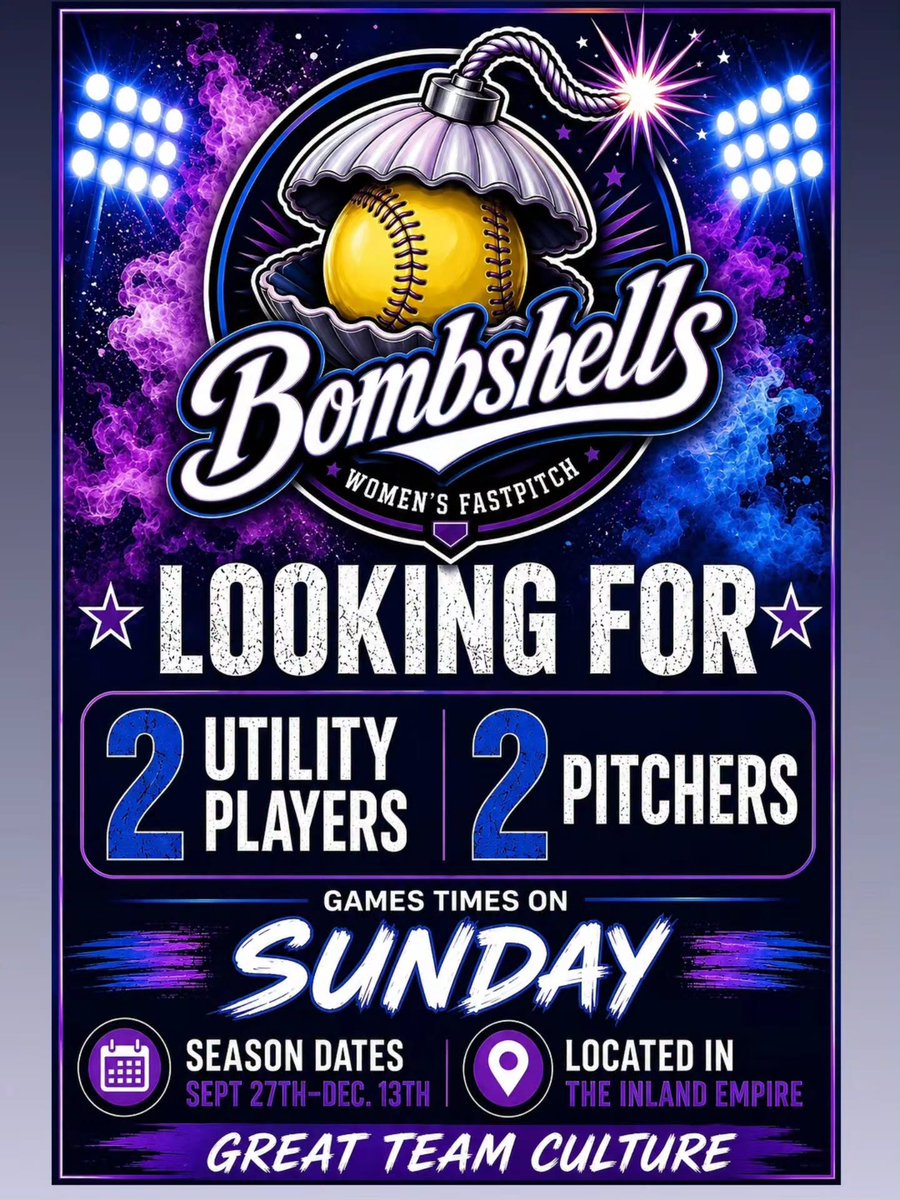 FernandoMd211's tweet photo. Seeking 2 utility players and 2 fastpitch pitchers for our fall roster. Adult women’s team, weekly games, equal playing time, no drama, and plenty of fun. Ready to get back in the game? DM me to join the Bombshell family. https://t.co/NfZ5sOWKjP