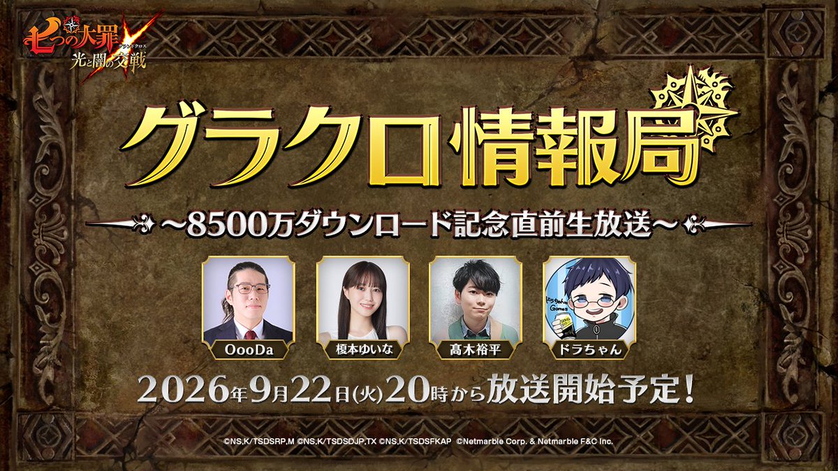 7taizai_GrandX's tweet photo. 〈第84回 #グラクロ情報局〉
～8500万ダウンロード記念直前生放送～

📢本日20:00～ 放送！
アップデート情報を中心にお届け🎶

・配信先
X Live
YouTube Live

▼放送はこちら
https://t.co/Dhwzswa6hL

#グラクロ  #七つの大罪 #黙示録の四騎士 https://t.co/4KKQH0vxqY