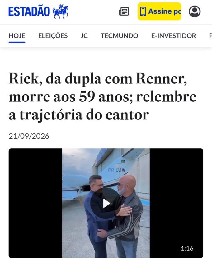 ChoqueBrasil's tweet photo. 🚨 URGENTE - Segundo estadão, o Cantor rick (dupla Rick &amp; Renner) teria morrido, nada foi confirmado ate o momento https://t.co/xQox0idTcb