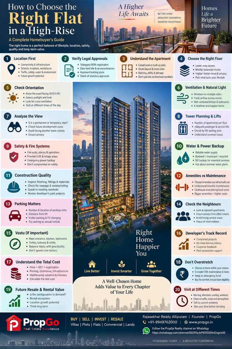 hyderabadprop's tweet photo. HOW TO CHOOSE THE RIGHT FLAT IN A HIGH-RISE & Gated Communities

Buying a home is easy. Choosing the right home requires experience, patience and a lot of homework.

Buying a flat in a high-rise has become a major decision for families across Hyderabad. With large gated communities, luxury towers, premium amenities and hundreds of apartments coming up across the city, today's homebuyer has more choices than ever before. But having more choices also makes the decision more complicated. In my experience in the Hyderabad real estate market, I have seen buyers sometimes get carried away by the project elevation, clubhouse, sample flat, launch offers or a spectacular view, while overlooking some of the most important factors that actually determine the quality of living in the long run.

A home is not just about how it looks on the day you buy it. It is about how it feels to live there every day.

LOCATION IS STILL THE FIRST DECISION

The first thing I would advise any buyer to look at is the location. You can change the interiors of your apartment, renovate the kitchen, upgrade the furniture and even redesign the balcony, but you cannot change the location of the property. Connectivity to your workplace, schools, hospitals, shopping, entertainment and major roads has a direct impact on your daily life. In a city like Hyderabad, where development is rapidly moving towards the western and southern corridors, buyers should also look beyond the current surroundings. Areas such as Kokapet, Neopolis, Financial District, Narsingi, Tellapur, Kollur and other emerging locations are changing quickly. What is around a project today may be very different five years from now.

Buy the location first and the apartment second.

DON'T LET THE BROCHURE MAKE THE DECISION

A modern high-rise brochure is designed to create an impression, and there is nothing wrong with that. But the buyer has to go beyond the brochure. Before committing a large amount of money, it is important to understand the project's RERA registration, land title, encumbrances, sanctioned plans, approvals and other relevant documentation. The promises made during a sales presentation should always be matched with the actual documents. For a property transaction of this size, independent legal verification is not an unnecessary expense. It is part of responsible home buying.

The brochure sells the dream. The documents tell you what you are actually buying.

EVERY FLAT IN THE SAME TOWER IS NOT THE SAME

One of the biggest mistakes buyers make is assuming that two apartments of the same size in the same tower will offer the same experience. They don't. The layout, entrance position, bedroom placement, balcony, window locations, kitchen design, utility area and the relationship with neighbouring apartments can make a significant difference. A well-planned 2,000 sq.ft apartment can feel much more spacious and comfortable than another apartment with the same area but an inefficient layout. Before booking, spend time with the floor plan. Understand where your furniture will go, where the sunlight will come from and how the family will actually use the space.

Square feet is a number. The layout decides how you experience those square feet.

WHICH FLOOR SHOULD YOU CHOOSE?

The debate about the right floor will probably continue forever. Some buyers want the highest possible floor because of the view and privacy, while others prefer lower floors for convenience. In reality, there is no single floor that is right for every family. A family with elderly parents may value easy accessibility, while a younger family may give more importance to views and privacy. Lift availability, fire safety, noise, wind exposure and the surrounding towers should also be considered. I would not select a floor simply because the salesperson calls it a premium floor. Choose it because it works for your family.

The highest floor is not necessarily the best floor. The right floor is the one that suits your life.

SUNLIGHT, VENTILATION AND ORIENTATION

These are among the most important aspects of an apartment and are often underestimated at the time of booking. Hyderabad's climate makes sunlight and heat particularly relevant. Understand the direction of the apartment and see where the morning and afternoon sun will enter. A home with good natural light and cross ventilation can feel very different from a similarly sized apartment that depends heavily on artificial lighting and air-conditioning. If possible, visit the apartment at different times of the day. Stand in the living room, bedrooms and balcony and actually experience the space.

A floor plan can show you dimensions. Only a site visit can show you how the home breathes.

NEVER ASSUME THAT TODAY'S VIEW WILL REMAIN FOREVER

The view from a high-rise apartment can be a major attraction, particularly in locations such as Kokapet and Neopolis. But before paying a premium for an open view, understand what is happening around the property. Is the land opposite the apartment vacant? Is it part of another development? Is another tower planned? What are the future phases of the project? A beautiful open view today may disappear when another tower comes up tomorrow. Buyers should therefore understand not only the view from the apartment but also the development potential of the surrounding land.

Today's open land can become tomorrow's high-rise.

LOOK AT THE BUILDING, NOT JUST YOUR APARTMENT

When buying a high-rise, the apartment is only one part of the experience. The quality of the tower infrastructure will affect you every day. Look at the number of apartments on each floor, the number of lifts, service lifts, common corridors, parking arrangements and power backup. Imagine the building at 8:30 in the morning when hundreds of residents are leaving for work and school. How will the lifts perform? How easy will it be to reach the parking? What happens if one lift is under maintenance? These practical questions may not appear in a glossy sales presentation, but they become very important after possession.

SAFETY SHOULD NEVER BE AN AFTERTHOUGHT

In a high-rise, fire safety and emergency preparedness deserve serious attention. Buyers should understand the building's fire exits, emergency staircases, fire detection and firefighting systems, sprinklers, hydrants, alarms and other applicable safety provisions. Safety is not a luxury feature and should never be compromised for a better view, larger balcony or lower price.

Amenities make a project attractive. Safety makes it a home.

VISIT THE DEVELOPER'S COMPLETED PROJECTS

One of the best ways to understand a developer is to visit the projects they have already delivered. A new project will always look impressive because everything is fresh. But visit a building that has been occupied for three, five or even ten years. Look at the common areas, landscaping, lifts, external walls and overall maintenance. More importantly, speak to residents. Ask them about seepage, plumbing, maintenance, power backup, lift performance and how the developer responded after possession. These conversations can give a buyer valuable information that cannot be found in a brochure.

The real test of a developer begins after the keys are handed over.

AMENITIES ARE ATTRACTIVE, BUT MAINTENANCE IS REAL

Today's premium projects offer everything from swimming pools and gyms to sports facilities, clubhouses, landscaped gardens and children's play areas. These amenities certainly enhance community living, but buyers should also understand the cost of maintaining them. Ask about the monthly maintenance, corpus or sinking fund, clubhouse charges and other recurring expenses. A project may have fifty amenities, but if your family uses only five of them, you should understand what you are actually paying for.

Don't count only the amenities. Understand the cost of maintaining them.

PARKING AND PRIVACY MATTER MORE THAN YOU THINK

Parking is something many buyers discuss for five minutes during a property purchase and then deal with every single day after possession. Check the actual parking location, basement level, distance from the lift, turning radius and visitor parking. If you own a large vehicle, try parking it before you finalise the apartment. Similarly, look at privacy. Check how close the neighbouring tower is, where the opposite balconies are positioned and whether someone across the way can directly see into your living room or bedroom.

Luxury is not only marble, views and a clubhouse. Privacy and convenience are also luxury.

CALCULATE THE COMPLETE COST

A buyer should never compare properties only on the basis of the advertised price per square foot. The final cost can include parking, floor-rise charges, applicable taxes, registration, maintenance advance, corpus, infrastructure charges, interiors and home-loan related expenses. When comparing two projects, calculate the complete acquisition cost. Sometimes a property that appears cheaper on the first page of the price sheet may not be cheaper by the time you actually get the keys.

Compare the final cost, not the headline price.

DON'T BUY A HOME THAT STRETCHES YOUR LIFE

A larger apartment is naturally attractive, but the decision should also make financial sense. EMI is only one part of the cost of owning a home. There are interiors, maintenance, property taxes, school expenses and other family commitments. Banks can tell you how much you are eligible to borrow, but your family budget should determine how much you actually borrow. The purpose of buying a home is to create stability and comfort, not financial pressure.

The right home should improve your lifestyle, not compromise it.

VISIT THE PROPERTY MORE THAN ONCE

I strongly believe that one site visit is not enough before making a major property decision. Visit in the morning to understand sunlight. Visit in the afternoon to understand heat. Visit in the evening to understand traffic and noise. If possible, visit on a weekday as well as a weekend. Walk around the neighbourhood, observe the approach road, speak to people living nearby and spend some time inside the apartment without being rushed by the sales team.

The more time you spend understanding a property before buying it, the fewer surprises you are likely to face after possession.

One visit gives you an impression. Multiple visits give you information.

THINK ABOUT THE FUTURE, NOT JUST POSSESSION DAY

A property should be evaluated with a five- to ten-year perspective. The neighbourhood will change, new roads may come up, commercial developments may emerge and additional residential supply may enter the market. Your own family will also change. Children grow, parents may move in, work locations can change and financial priorities can evolve. Even if you are buying the apartment purely for your own use, it is sensible to understand its future rental and resale characteristics.

A good home should work for your family today while retaining relevance for your future.

MY SIMPLE ADVICE TO HOME BUYERS

Don't make the decision because somebody tells you that only two units are left. Don't buy a flat only because the sample apartment looks beautiful. Don't choose a floor simply because it carries a premium. Don't compare projects only on price per square foot.

Take your time. Read the documents. Visit the property. Speak to residents. Understand the layout. Check the orientation. Look at the surrounding development. Calculate the complete cost. Most importantly, imagine your family actually living there.

At the end of the day, you are not buying square feet. You are buying your family's everyday life.

WHERE PROPGo CAN HELP

Choosing the right property can be confusing, especially when there are hundreds of projects and thousands of apartments available across Hyderabad. This is where PropGo brings value beyond simply showing properties. We work with buyers to understand their requirements, shortlist suitable projects, compare locations and apartment options, study project specifications, assist with negotiations and help buyers take a more informed decision. Our focus is particularly on premium and luxury residential projects, villas, plots, commercial properties and investment opportunities across Hyderabad.

For NRIs and buyers living outside Hyderabad, this becomes even more valuable because visiting every project personally is not always practical. PropGo can help bring the market, projects and relevant information together so that the buyer can evaluate options with greater clarity before making one of the biggest financial decisions of their life.

Don't ask only, “Which project is good?”
Ask, “Which property is right for me?”

That is where PropGo comes in.

ABOUT THE AUTHOR

RAJASEKHAR REDDY ALLIPURAM
Founder & Managing Director — PropGo

Rajasekhar Reddy Allipuram is a real estate entrepreneur and property marketing and advisory professional with 27+ years of professional experience, including extensive experience in Hyderabad real estate, property marketing, sales, investment advisory and digital marketing. Through PropGo, he works with homebuyers, investors and NRIs looking to BUY | SELL | INVEST | RESALE across Hyderabad and Telangana, with a focus on residential, luxury, plotted, villa and commercial real estate.

PROPGo — REAL ESTATE EXCELLENCE

Rajasekhar Reddy Allipuram | Founder | PropGo | +91-9949762000
https://t.co/sPUTFy32oM

BUY | SELL | INVEST | RESALE
Villas | Plots | Flats | Commercial | Lands