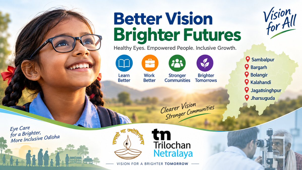 trilochaneye's tweet photo. Clear vision. Equal opportunity. Inclusive growth.

Good #eyehealth is not just about seeing better - it is about learning, working, earning, living with dignity and participating fully in society.

Through its eye-care services across #Sambalpur, #Bargarh, #Bolangir, #Kalahandi, #Jagatsinghpur and #Jharsuguda, Trilochan Netralaya is taking quality eye care closer to communities and helping people turn vision into opportunity.

When every #citizen can see clearly, every family can dream bigger, every child can learn better, and every community can progress together.

Vision for All. Opportunity for All. Empowerment for All.

@SDG2030 @TheEHA @MSJEGOI @MinistryWCD @mygovindia
