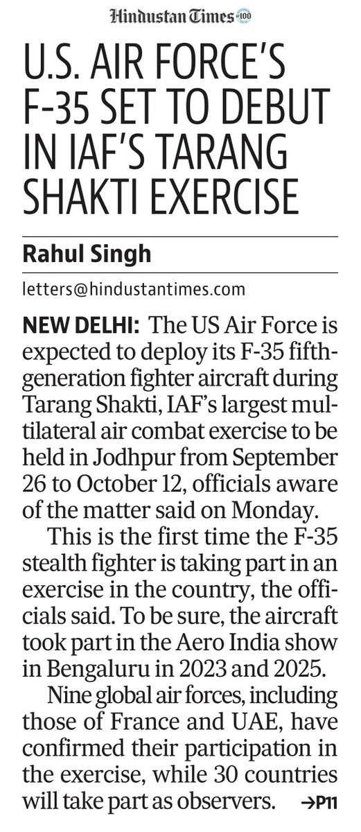 rahulsinghx's tweet photo. F-35 to make India combat drill debut. https://t.co/jUnfItkHBG
