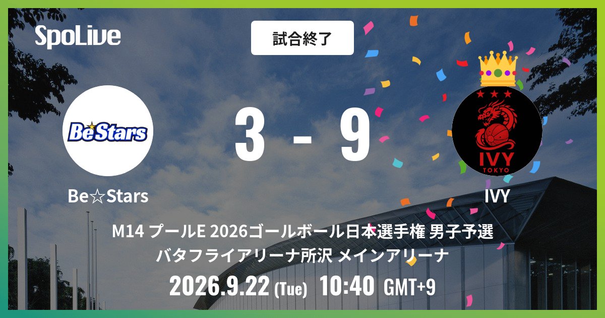 goalballjpn's tweet photo. ＼2026 日本ゴールボール 選手権大会 男子予選大会／
Be☆Stars vs IVY @ バタフライアリーナ所沢 メインアリーナ
試合終了: Be☆Stars 3 - 9 IVY
IVYの勝利です。

#M14プールE2026ゴールボール日本選手権男子予選
#ゴールボール #Goalball #日本ゴールボール選手権 #パラスポーツ #SpoLive https://t.co/tJHfF2N115