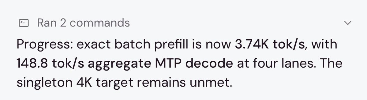 mweinbach's tweet photo. We are now at 3740 tok/s prefill, 149 tok/s decode batched on M5 Ultra for Qwen 3.8 Flash Next

This is nearly double what it was yesterday https://t.co/82IDAlx0PB