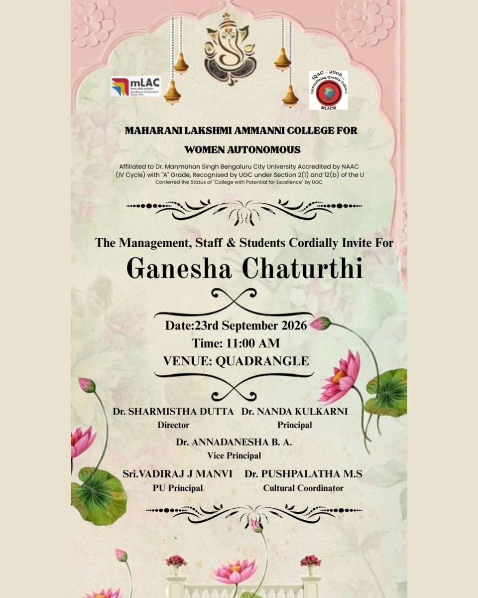 mLAC1972's tweet photo. Celebrating the spirit of Ganesha Chaturthi at mLAC!
May Lord Ganesha bless us with wisdom, happiness and new beginnings.
Wishing everyone a joyful and blessed Ganesha Chaturthi!
#GaneshaChaturthi #mLAC #MaharaniLakshmiAmmanniCollege #GanpatiBappaMorya #FestiveCelebration https://t.co/4h5zH3nODr