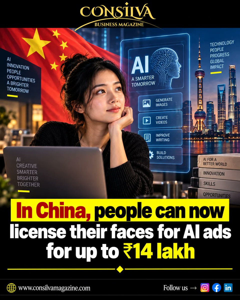 consilva_'s tweet photo. People in China can now license their facial likeness for AI ads, earning up to ₹14 lakh as virtual avatars reshape commercial modeling 

 Read details: https://t.co/5VNPDN7zSV   #GenerativeAI #China #AIAvatars #ConsilvaMagazine #TechTrends https://t.co/Ta4IWZuaYT