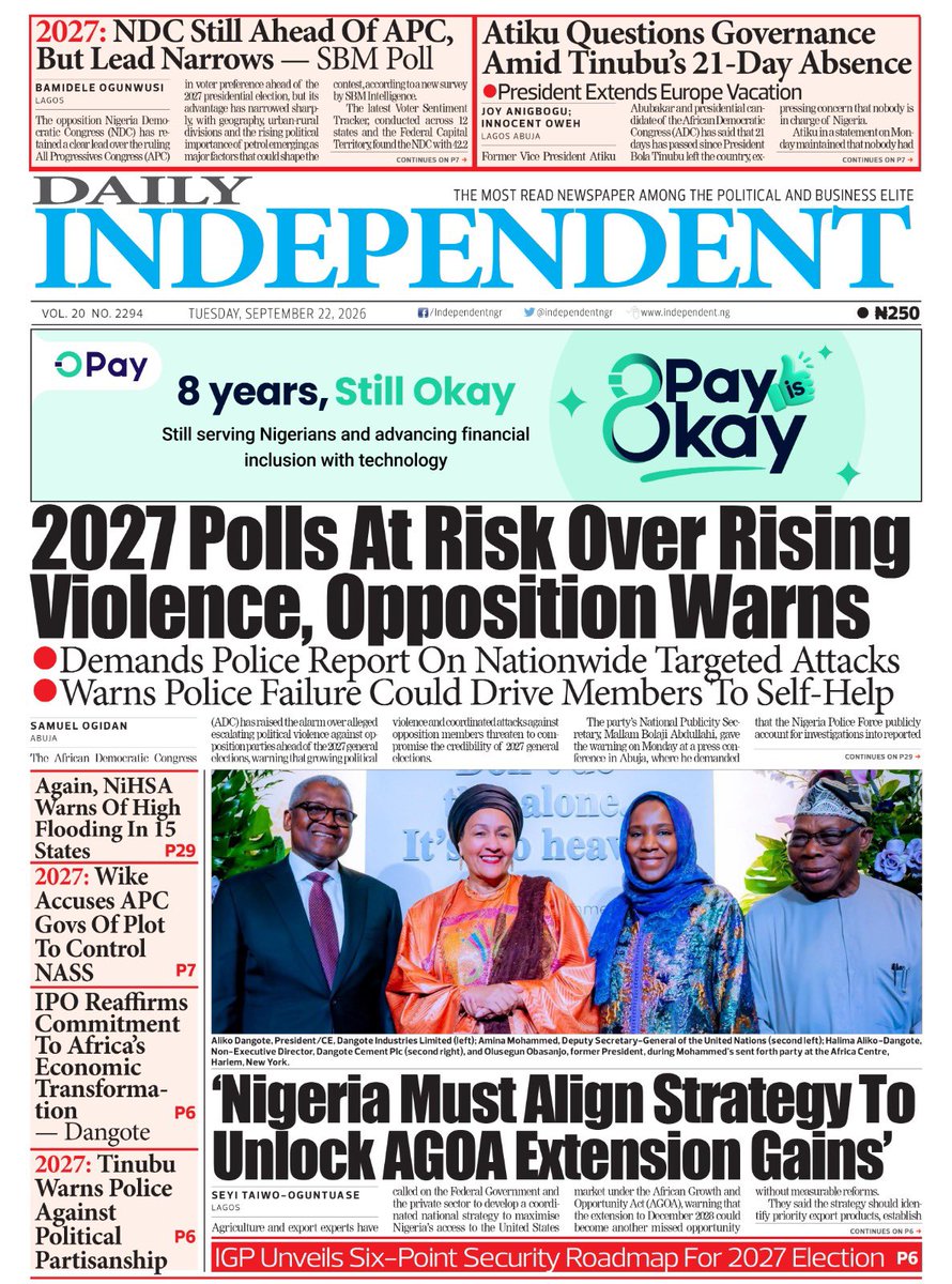 IndependentNGR's tweet photo. Just published: front page of Daily Independent Newspaper for today, 22 September 2026 https://t.co/JHqMvmWkPe