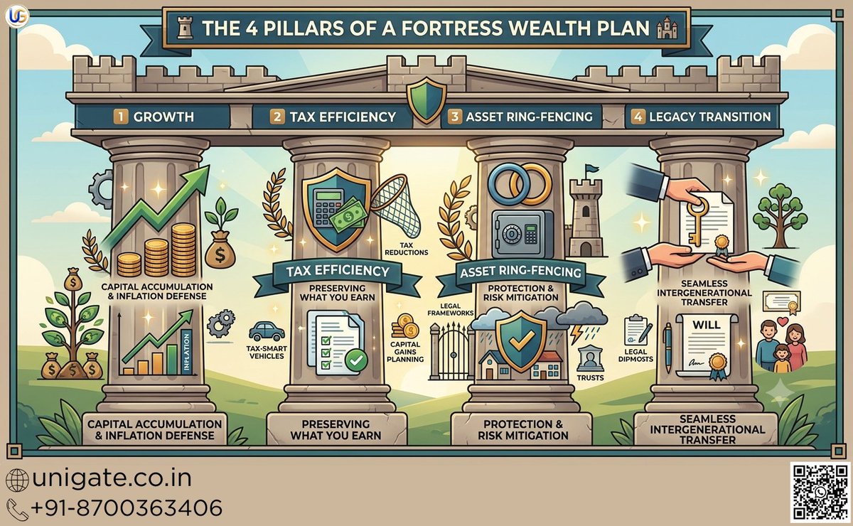 UnigateF's tweet photo. A true Fortress Wealth Plan isn't just about chasing returns; it's about building a structure that withstands tax shifts, market cycles, and generational handoffs. 

Stay tuned with UNIGATE for more update: 
📞+91-8700363406
🌐 https://t.co/vBHJWZC2ye 
💬https://t.co/0NqaGOIpOf https://t.co/JAXhmGBEOg