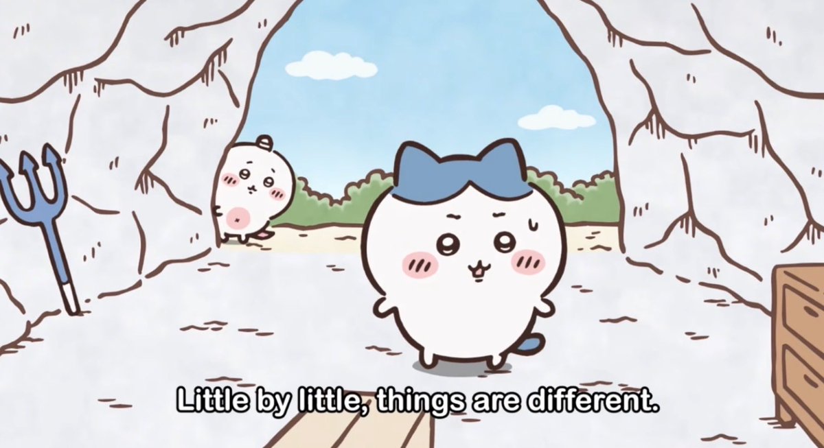 habibanonogal's tweet photo. Hanya Teori!🌸
tapi kok aku percaya kalau hachiware di dunia parallel sebenarnya sudah menjadi chimera! 

karena chii dan usagi (dheya-chan) sudah memiliki kehidupan yang layak dan sempurna. mereka adalah rank 2 dan 3 tim pemburu tentu dapat upah yang tinggi dan privilege yang lain. 

chii punya kuwagatamushi sbg peliharaan dan teman juga lulus sertifikasi level 5. dengan mapannya mereka secara ekonomi otomatis kehidupan jadi lebih mudah dan menyenangkan. 

sementara di dunia itu hachi masih tinggal di gua yng tak berpintu dan mungkin siapa tahu chii dan dheya-chan tidak butuh teman ke 3 🥺💔 dan akhirnya hachi harus hidup hari ke hari berjuang sndirian tanpa teman dekat, akhirnya kesepian dan yah dia berubah jadi chimera...

pada akhirnya bapak pohon pun bilang "smakin lama kamu brada di dunia ini maka wujud aslimu akan bercampur dengan dunia ini sepenuhnya" pada akhirnya toh hachiware benar-benar berubah jadi chimera dan chii juga terlihat ga segan memburu dia....
dunia parallel mungkin memang lebih baik tapi tidak untuk hachi, makanya dia harus segera kembali ke dunia asli miliknya. 
mungkin di dunia parallel hachi itu seperti anoko, iya atau tidak? 

#chiikawa