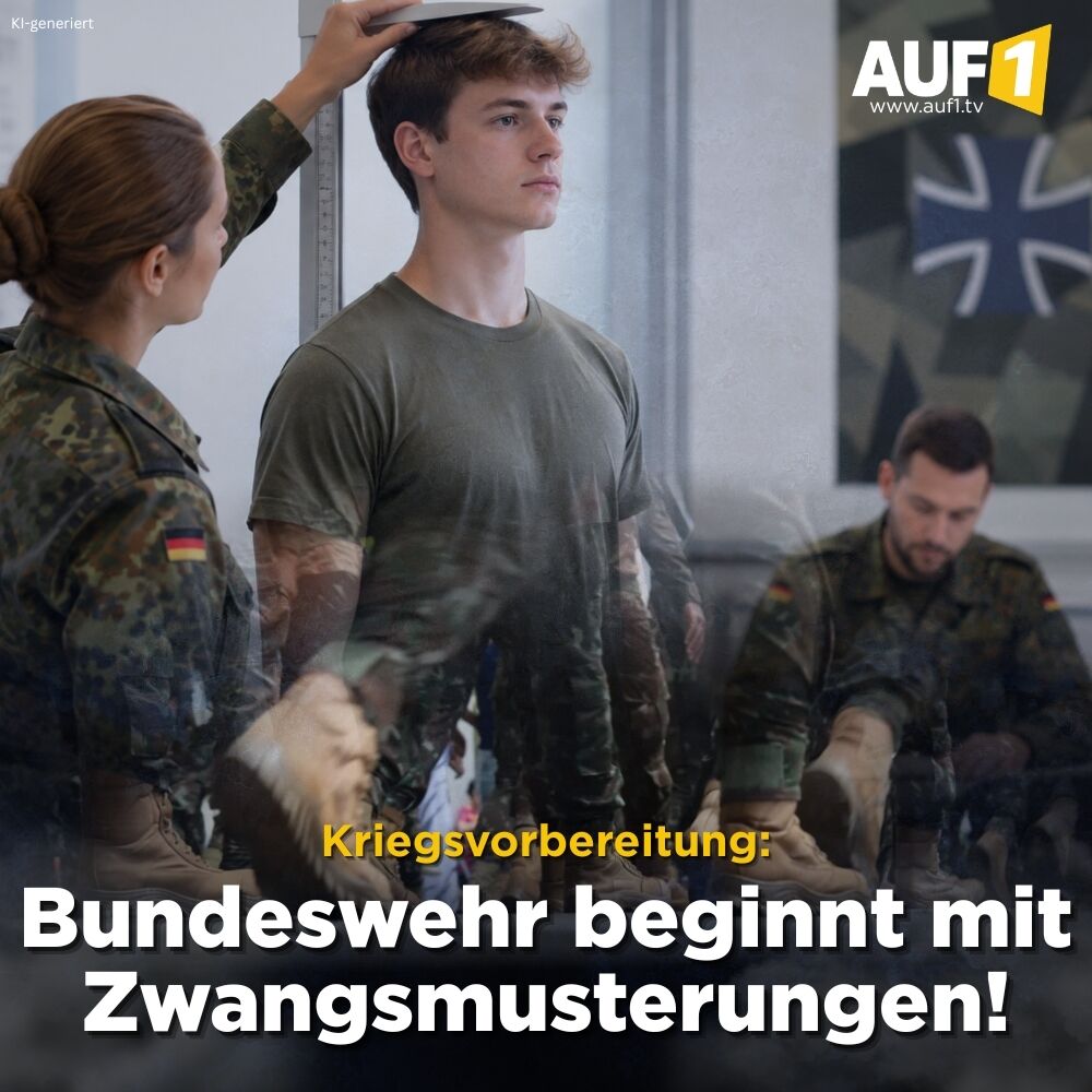 AUF1TV's tweet photo. 𝗞𝗿𝗶𝗲𝗴𝘀𝘃𝗼𝗿𝗯𝗲𝗿𝗲𝗶𝘁𝘂𝗻𝗴:🪖𝗕𝘂𝗻𝗱𝗲𝘀𝘄𝗲𝗵𝗿 𝗯𝗲𝗴𝗶𝗻𝗻𝘁 𝗺𝗶𝘁 𝗭𝘄𝗮𝗻𝗴𝘀𝗺𝘂𝘀𝘁𝗲𝗿𝘂𝗻𝗴𝗲𝗻!

Die Bundeswehr hat damit begonnen, junge Männer auch gegen ihren Willen zur Musterung vorzuladen. Nach Angaben des Verteidigungsministeriums wurden seit Juli bereits rund 1.000 18-Jährige gemustert, die in ihrem Fragebogen „kein Interesse“ am Wehrdienst angegeben hatten.

Wer zu einer verpflichtenden Musterung geladen wird, muss erscheinen. Bei Verstößen sind Sanktionen möglich. Die Betroffenen könnten sogar von der Polizei vorgeführt werden.

Die Bundeswehr plant gegenwärtig, die Anzahl ihrer Soldaten deutlich zu erhöhen. Ab Juli 2027 soll die verpflichtende Musterung dann flächendeckend für Männer des Geburtsjahrgangs 2008 beginnen. Der eigentliche Wehrdienst bleibt – vorerst – freiwillig. Der Bundestag kann jedoch eine sogenannte Bedarfswehrpflicht beschließen.