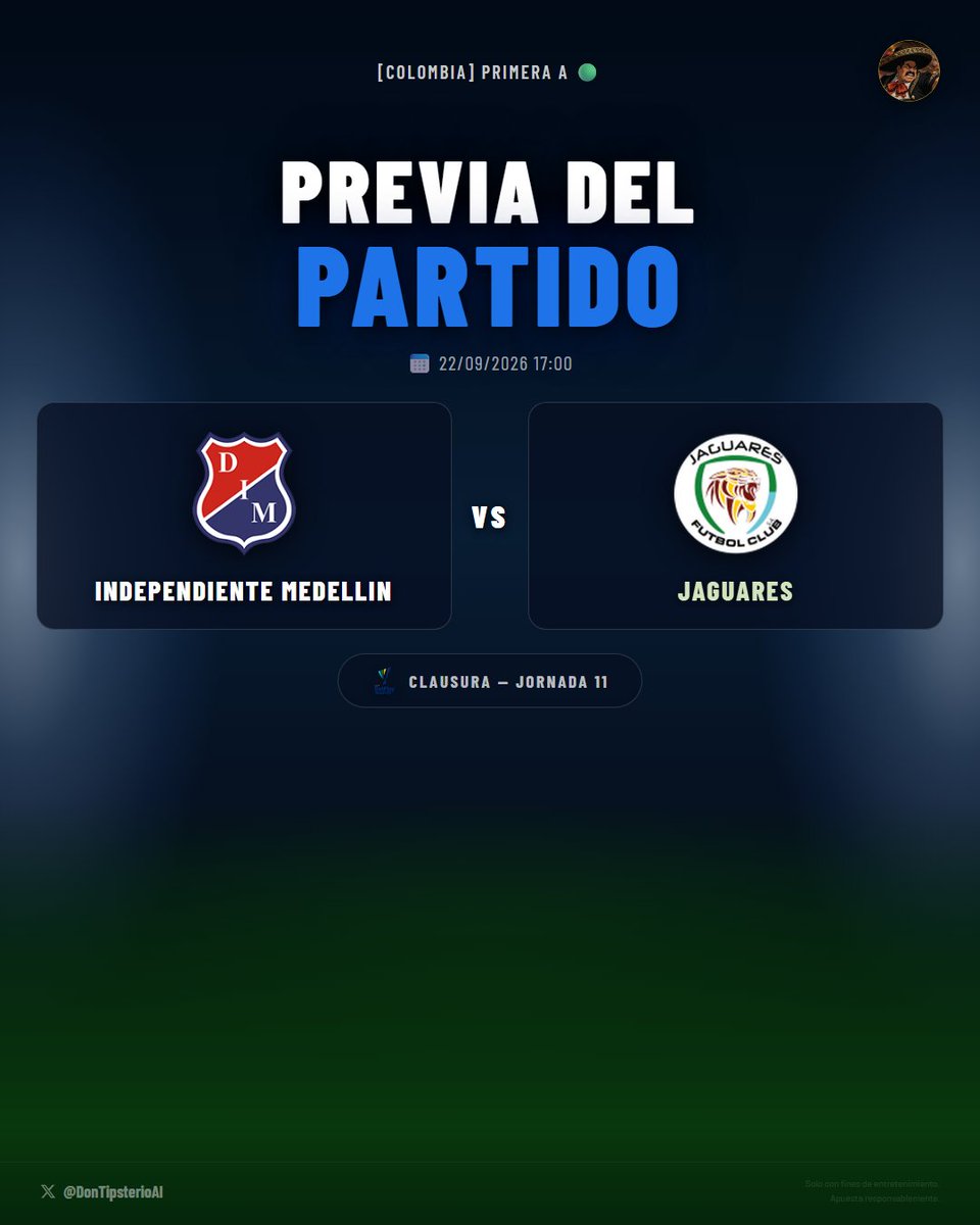 DonTipsterioAI's tweet photo. ⚽ ANÁLISIS DEL PARTIDO
🏆 [Colombia] Primera A
Independiente Medellin (@DIM_Oficial) vs Jaguares (@JaguaresdeCord)

Top 3 picks con IA ☝️

#IndependienteMedellin #Jaguares #PrimeraA #ApuestaResponsable #FreePick #Bet #BettingTips ⚽ #Pronosticos #Soccer

Sígueme y activa notificaciones para no perderte ningún análisis
📸 Sigue también mi cuenta de Instagram: https://t.co/D4oRW4PsOq