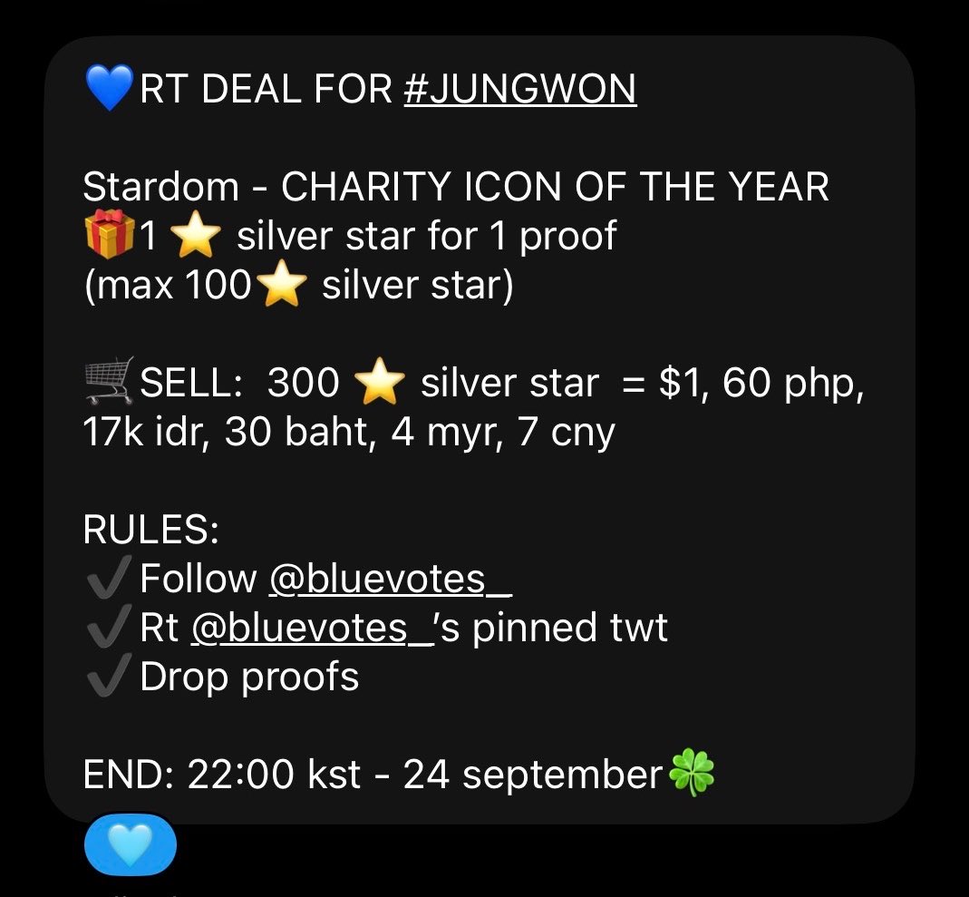 yjwbaobei's tweet photo. 💙RT DEAL FOR #JUNGWON

Stardom - CHARITY ICON OF THE YEAR
🎁1 ⭐ SS for 1 proof
(max 100⭐ SS)

🛒SELL:  300 ⭐ silver star  = $1, 60 php, 17k idr, 30 baht, 4 myr, 7 cny

RULES:
✔️Follow @bluevotes_
✔️Rt @bluevotes_’s pinned twt
✔️Drop proofs

END: 22:00 kst - 24 september🍀 https://t.co/c2vzaA2gY1