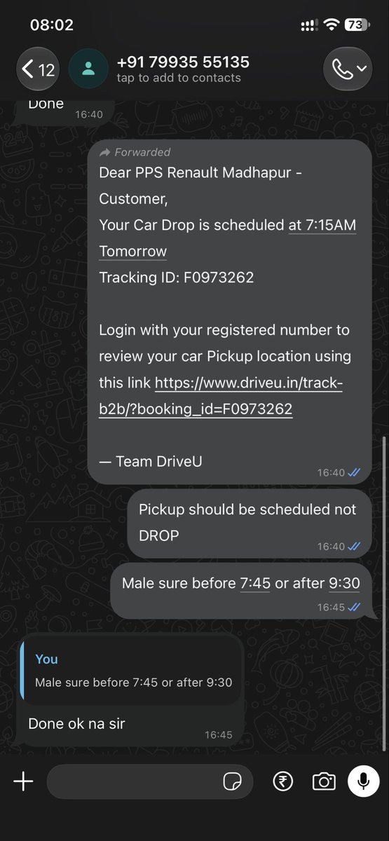 ManooSru's tweet photo. @RenaultIndia  It should be pickup schedule 
Even after saying that they book for DROP !! 
Now the person pick up the vehicle from me 
But i have got an update that he pickup on behalf of PPS from service center and will deliver to my location now ... How CRAZY Things 😥 https://t.co/cohiz0frRX
