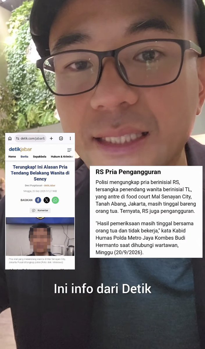 karirfess's tweet photo. baru tau dari video bapak ini..

kalo ternyata pelaku pemukulan ke perempuan di sency kemarin, ialah seorang laki2 yg berusia 43 tahun, pengangguran dan masih tinggal bersama orang tuanya~

bapak ini juga ngejelasin pentingnya pola pengasuhan anak supaya tidak terjadi hal demikian

👀