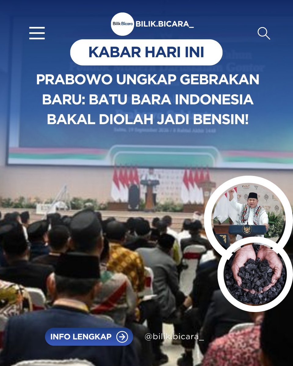 bilikbicara's tweet photo. Sebuah gebrakan baru penguatan sektor energi nasional! Indonesia bersiap mengolah potensi kekayaan alam batu bara dalam negeri agar dapat dikonversi menjadi BBM jenis bensin. 
​#KabarHariIni #GebrakanBaru #BatuBaraJadiBensin #KemandirianEnergi #BeritaTerkini https://t.co/BVvoMO07k8