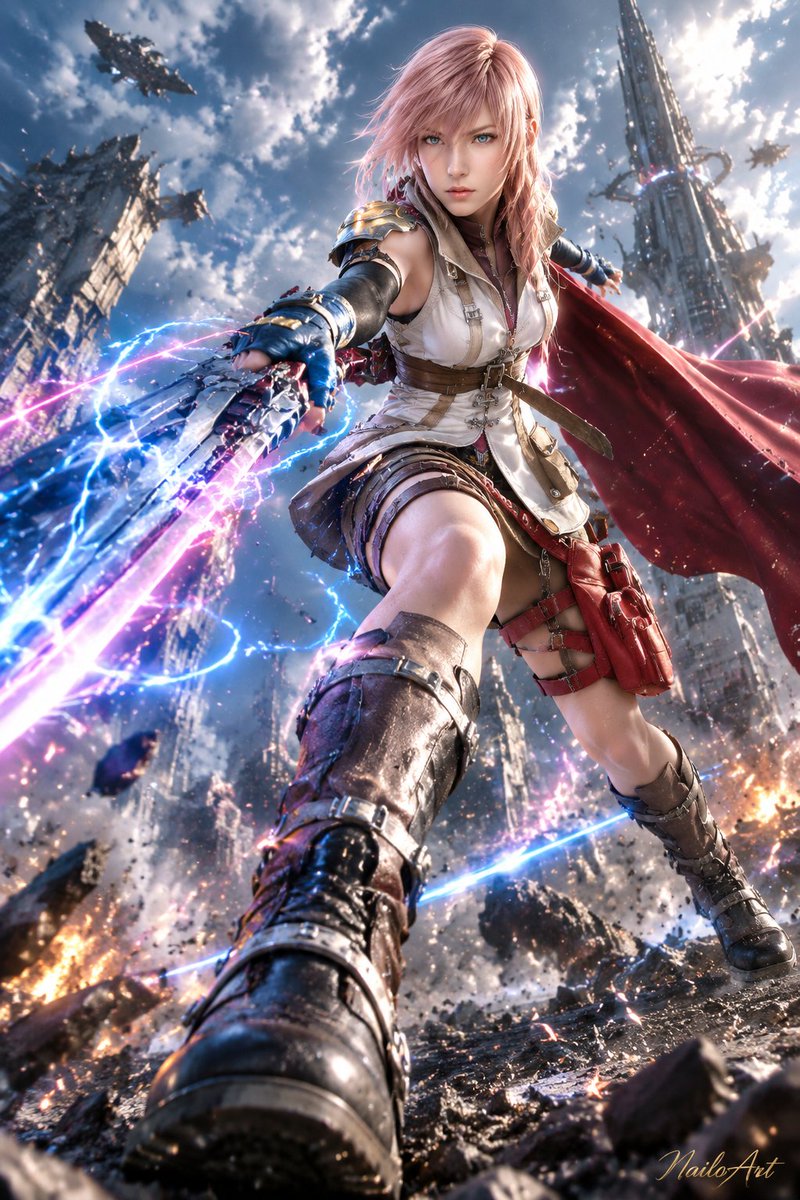 RedWing_90's tweet photo. "No prayers. No mercy. Just thunder. ⚡🌩️

Lightning strikes where destiny least expects it."
#NailoArt #Lightning #LightningFarron #ClaireFarron #FinalFantasy #FinalFantasyXIII #FF13 #SquareEnix #FinalFantasyFanArt #FemaleWarrior #FantasyArt #EpicArt #CinematicArt #DigitalArt https://t.co/1vIXD1xHzP