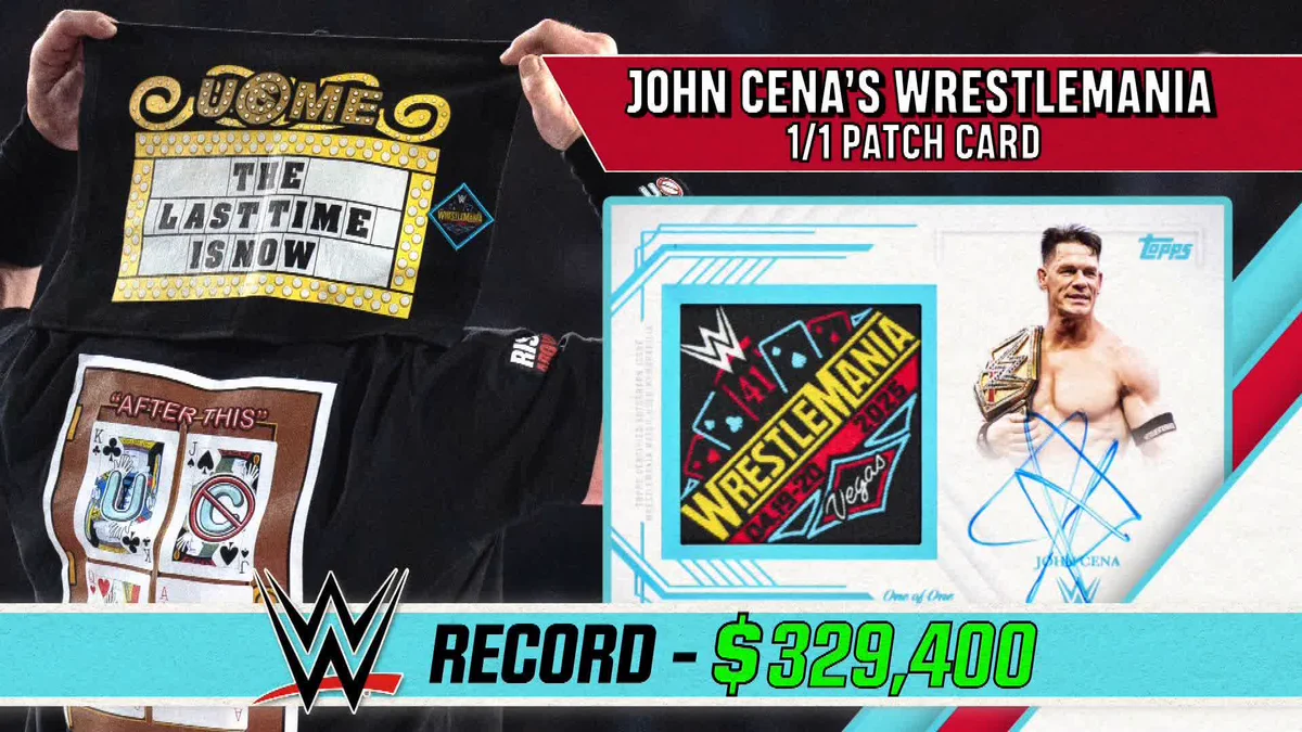 John Cena's WrestleMania 41 Patch Autograph Card sells for a WWE record of  $329,400!!! 👏, @Fanatics | @JohnCena