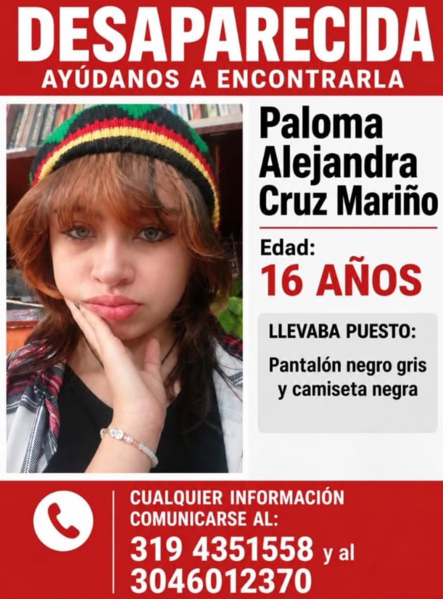 UltimaHoraCR's tweet photo. #ATENCIÓN | En Bogotá, familiares y amigos de Paloma Alejandra Cruz Mariño la buscan. La última vez que la vieron vestía pantalón negro y camiseta negra. Si tiene información, por favor, comuníquese con las autoridades.

https://t.co/qRQodC6mox https://t.co/LXQKAqtnZi