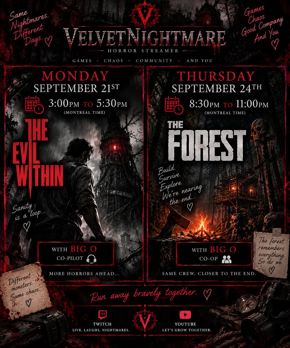 VNightmare1995's tweet photo. Two games nearing their finales:
Two opportunities for us to make absolutely terrible decisions ๐
#VelvetNightmare #TheEvilWithin #TheForest #HorrorGaming #HorrorStreamer #TwitchStreamer #TwitchCanada #SurvivalHorror #HorrorGames #GamingCommunity https://t.co/e7uiyYPyAA